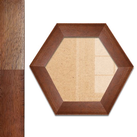 Moldura Hexagonal Chanfrada com Acabamento Côncavo Estilo Madeira Rústica Com Fundo MDF E Frente Em Vidro - 5x2,1