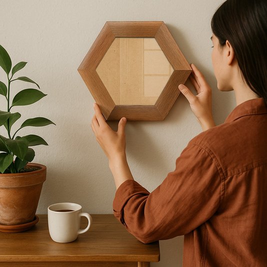 Moldura Hexagonal Chanfrada com Acabamento Côncavo Estilo Madeira Rústica Com Fundo MDF E Frente Em Vidro - 5x2,1