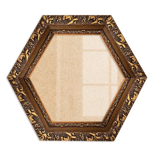 Moldura Hexagonal Com Gravação De Arabescos Com Fundo MDF E Frente Em Vidro - 7,2x3,3