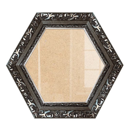 Moldura Hexagonal Com Gravação De Arabescos Com Fundo MDF E Frente Em Vidro - 7,2x3,3