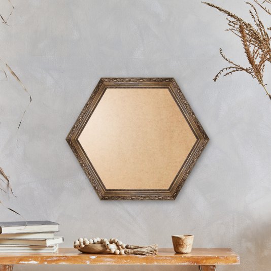 Moldura Hexagonal Com Gravação De Folhagens Com Fundo MDF E Frente Em PVC Antirreflexo- 4,5x2