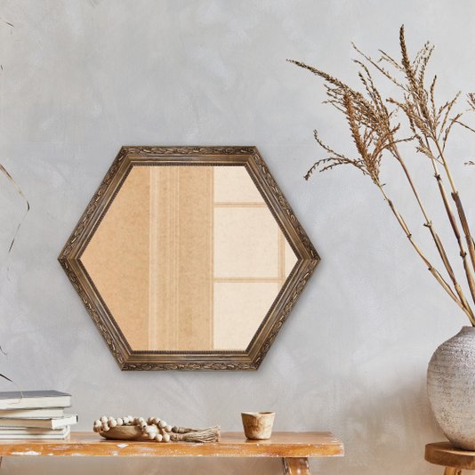 Moldura Hexagonal Com Gravação de Folhagens Com Fundo MDF E Frente Em Vidro - 4,5x2