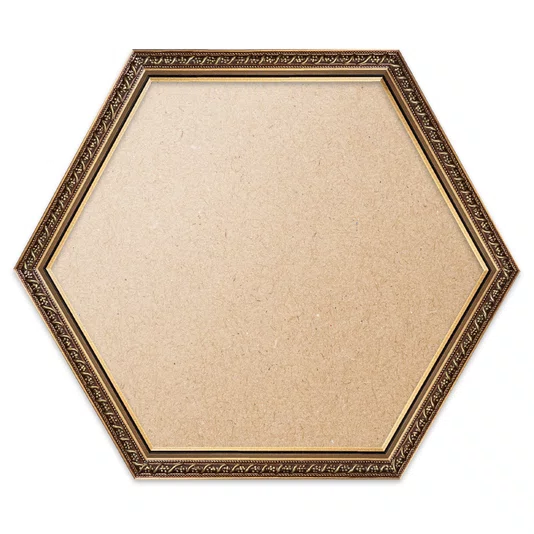 Moldura Hexagonal Com Gravação Floral Em Relevo Com Filete Perolado e Acabamento Dourado Metalizado Com Fundo MDF E Frente Em PVC - 2,1x1,8