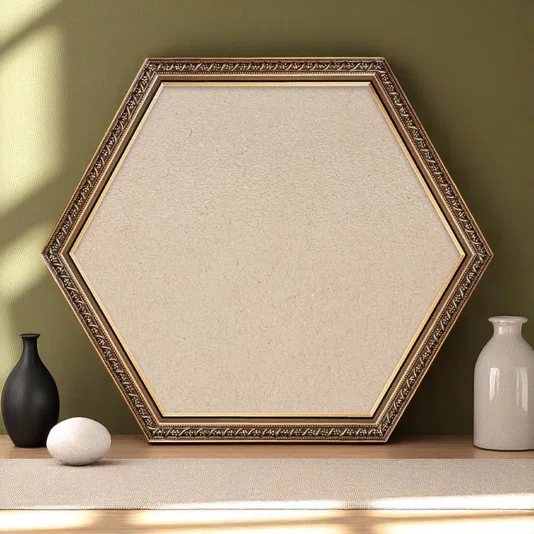 Moldura Hexagonal Com Gravação Floral Em Relevo Com Filete Perolado e Acabamento Dourado Metalizado Com Fundo MDF E Frente Em PVC - 2,1x1,8