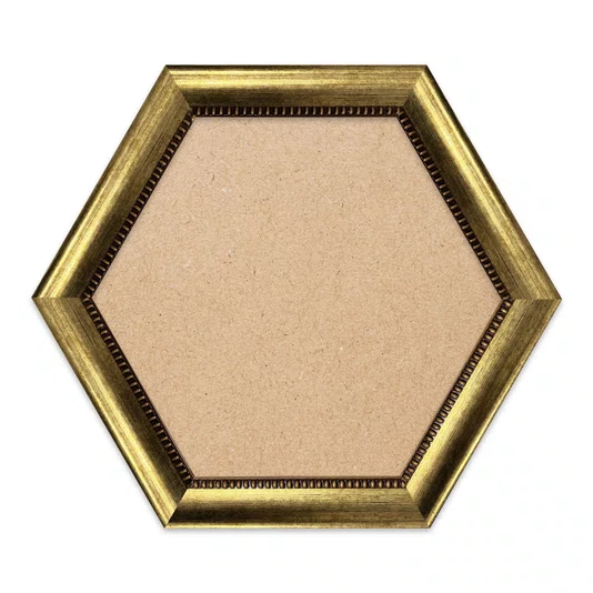 Moldura Hexagonal Com Moldura Chanfrada Com Padrão Oval Gravado Em Relevo E Efeito Aço Metal Escovado Com Fundo MDF - 4,6x2,1