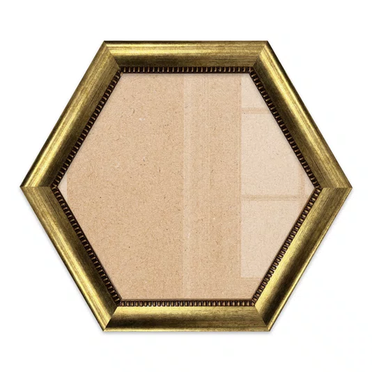 Moldura Hexagonal Com Moldura Chanfrada Com Padrão Oval Gravado Em Relevo E Efeito Aço Metal Escovado Com Fundo MDF e Frente Em Vidro -  4,6x2,1