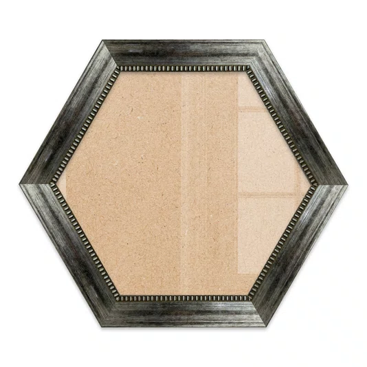 Moldura Hexagonal Com Moldura Chanfrada Com Padrão Oval Gravado Em Relevo E Efeito Aço Metal Escovado Com Fundo MDF e Frente Em Vidro -  4,6x2,1