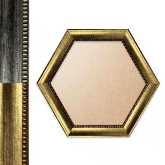 Moldura Hexagonal Com Moldura Chanfrada Com Padrão Oval Gravado Em Relevo E Efeito Aço Metal Escovado Com Fundo MDF e Frente Em PVC Antirreflexo - 4,6x2,1
