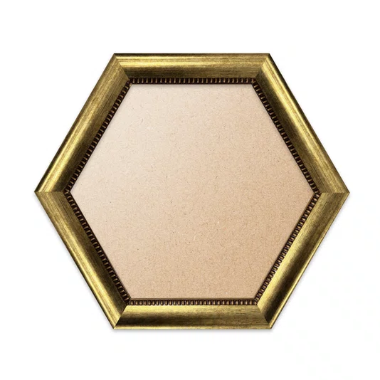 Moldura Hexagonal Com Moldura Chanfrada Com Padrão Oval Gravado Em Relevo E Efeito Aço Metal Escovado Com Fundo MDF e Frente Em PVC Antirreflexo - 4,6x2,1