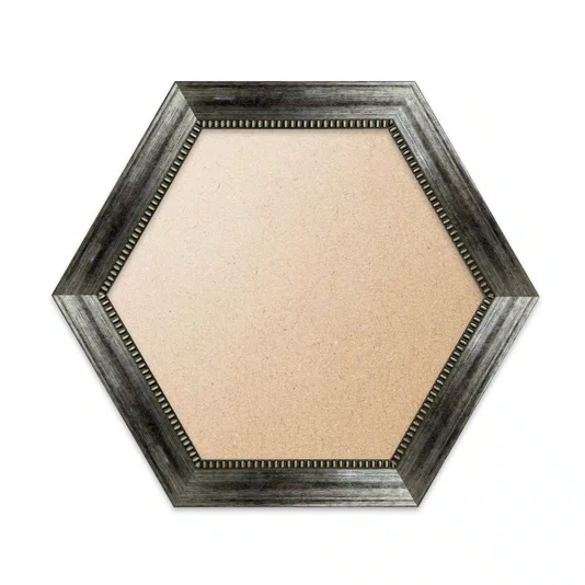 Moldura Hexagonal Com Moldura Chanfrada Com Padrão Oval Gravado Em Relevo E Efeito Aço Metal Escovado Com Fundo MDF e Frente Em PVC Antirreflexo - 4,6x2,1