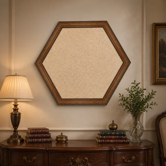Moldura Hexagonal de Madeira Clássica com Detalhes Gravados para Quadros e Fotos com Fundo Mdf - 3,2x1,5