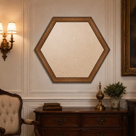 Moldura Hexagonal de Madeira Clássica com Detalhes Gravados para Quadros e Fotos com Fundo Mdf e Frente em PVC Antirreflo - 3,2x1,5