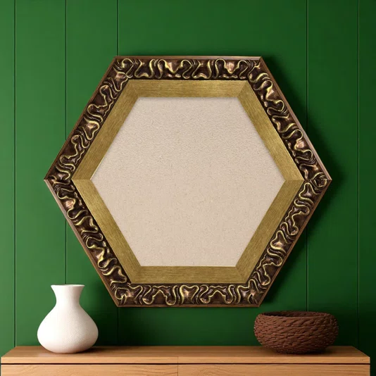 Moldura Hexagonal Efeito Escovado Fino e Gravação de Curvas Fluidas para Quadros e Fotos com Fundo Mdf e Frente em PVC Antirreflexo - 7,1x2,8