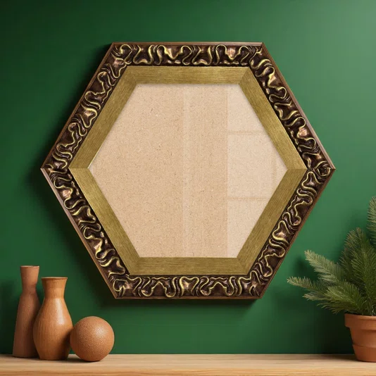 Moldura Hexagonal Efeito Escovado Fino e Gravação de Curvas Fluidas para Quadros e Fotos com Fundo Mdf e Frente em Vidro - 7,1x2,8