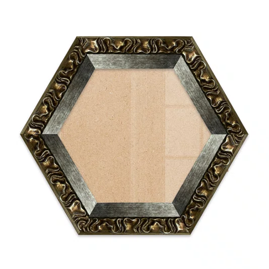 Moldura Hexagonal Efeito Escovado Fino e Gravação de Curvas Fluidas para Quadros e Fotos com Fundo Mdf e Frente em Vidro - 7,1x2,8