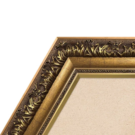 Moldura Hexagonal Estilo Renascentista com Perfil Interno Liso Chanfrado e Externo com Gravação Ornamental Efeito Metálico para Quadros e Fotos com Fundo Mdf e Frente em PVC Antirreflexo - 9,2x2,7
