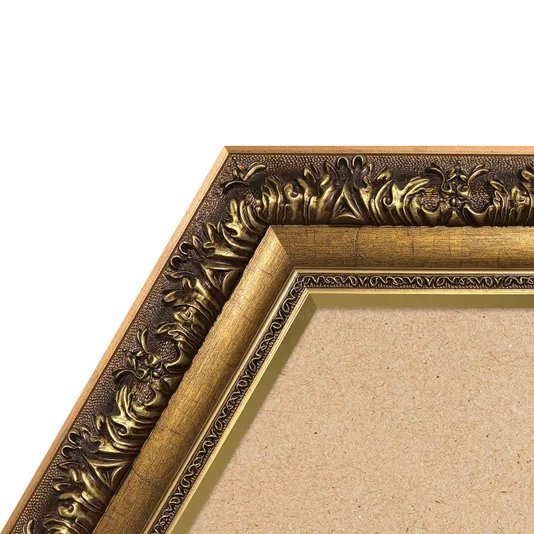 Moldura Hexagonal Estilo Renascentista com Perfil Interno Liso Chanfrado e Externo com Gravação Ornamental Efeito Metálico para Quadros e Fotos com Fundo Mdf - 9,2x2,7