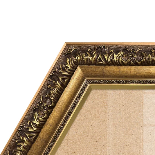 Moldura Hexagonal Estilo Renascentista com Perfil Interno Liso Chanfrado e Externo com Gravação Ornamental Efeito Metálico para Quadros e Fotos com Fundo Mdf e Frente em Vidro - 9,2x2,7