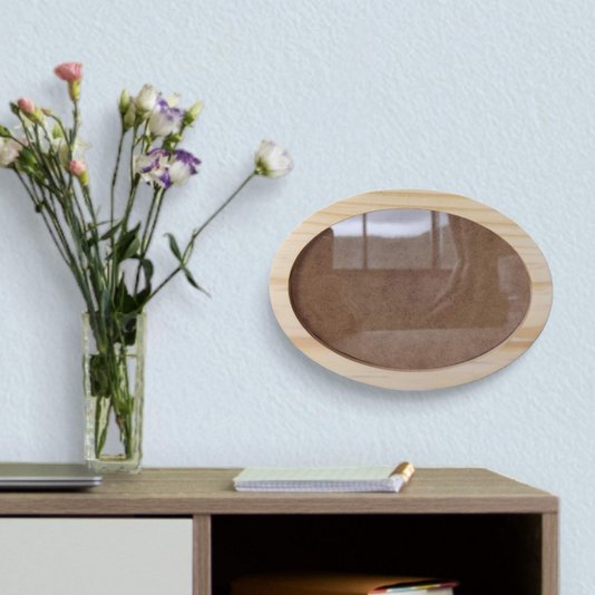Moldura Oval em Madeira de Pinus Natural para Quadros Decorativos com Fundo MDF e Vidro
