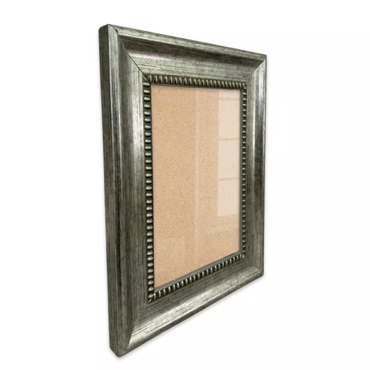 Moldura Personalizada Chanfrada Com Padrão Oval Gravado Em Relevo E Efeito Aço Metal Escovado Com Fundo MDF e Frente Em Acetato - 4,6x2,1