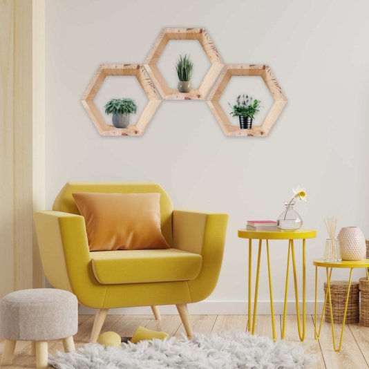 Nicho Hexagonal Colmeia Decorativo em Madeira de Pinus - 38x44x12cm - Farmhouse