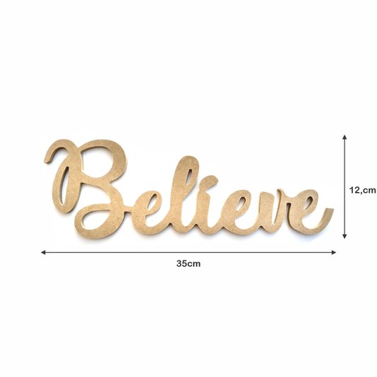 Palavra Decorativa Believe Lettering Para Parede 35cm em Mdf Cru 6mm