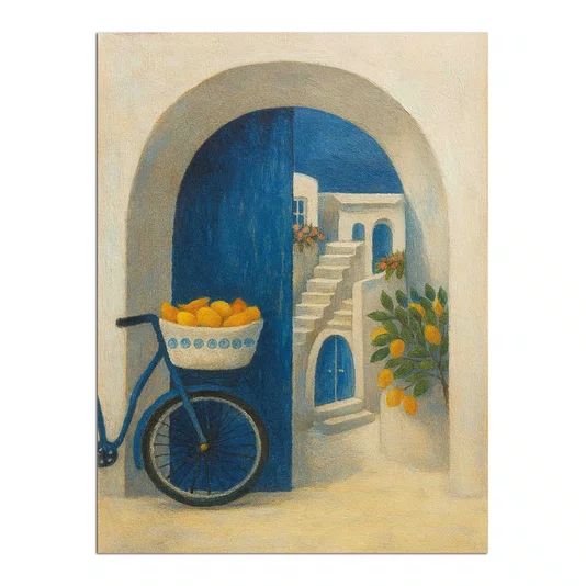 Placa Decorativa Portal Azul: Bicicleta com Limões em Contraste com a Escadaria Branca