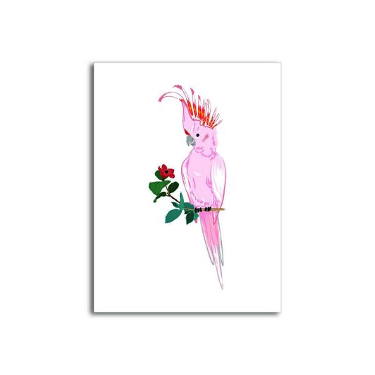 Placa Decorativa Cacatua Rosa em Galho com Flores