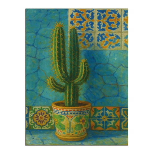 Placa Decorativa Cacto Ornamental em Vaso Maiólica Contra Parede de Azulejos Azul-Turquesa