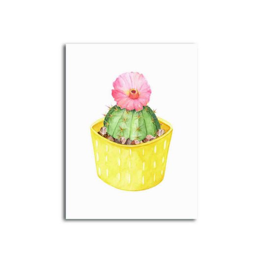 Placa Decorativa Cactus com Flor Rosa e Vaso Amarelo