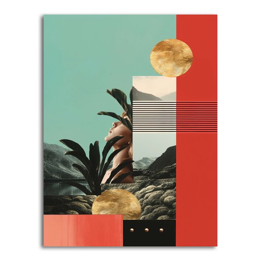 Placa Decorativa Colagem Abstrata Com Folhas e Formas Geométricas