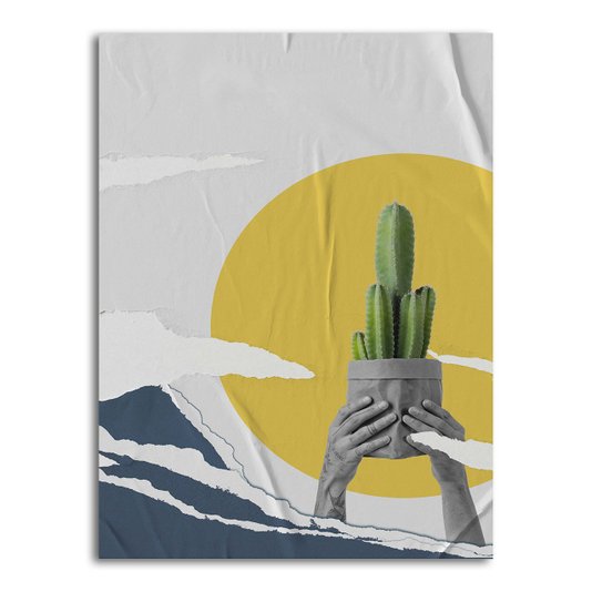 Placa Decorativa Colagem Abstrata Paisagem Com Cacto