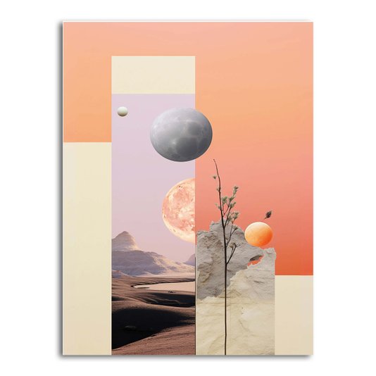 Placa Decorativa Colagem Abstrata Paisagem Rosa Com Lua