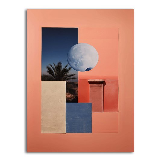 Placa Decorativa Colagem Abstrata Rosa Com Formas geométricas E Lua