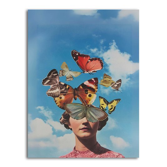 Placa Decorativa Colagem Abstrata Rosto Com Borboletas
