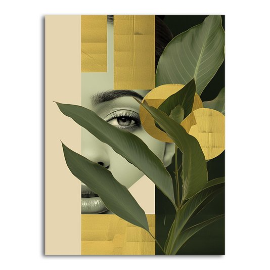 Placa Decorativa Colagem Abstrata Rosto Com Folhas