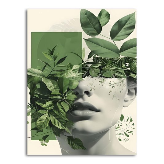 Placa Decorativa Colagem Abstrata Verde Rosto Com Folhas