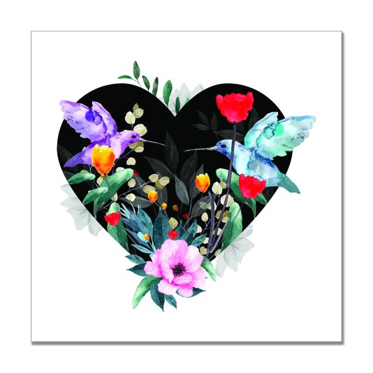 Placa Decorativa Coração com Folhas e Pássaros Beija Flor