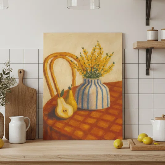 Placa Decorativa Estilo Pintura Mid Century Arranjo de Flores Amarelas em Vaso Listrado, Pêras e Cadeira de Palha