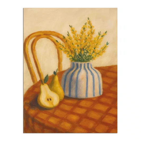 Placa Decorativa Estilo Pintura Mid Century Arranjo de Flores Amarelas em Vaso Listrado, Pêras e Cadeira de Palha
