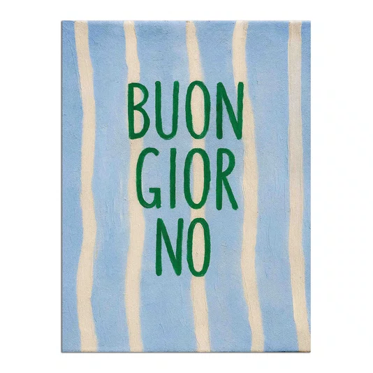 Placa Decorativa Estilo Pintura Mid Century "Buon Giorno" em Verde, em Fundo de Padrão Listrado Azul Claro e Creme