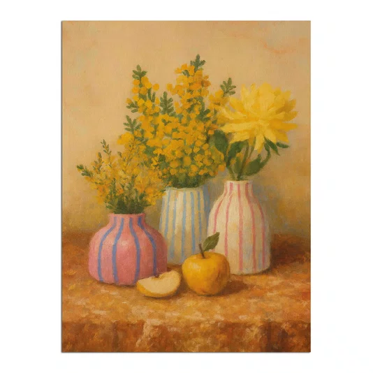 Placa Decorativa Estilo Pintura Mid Century Composição de Arranjo Floral em Três Vasos Listrados e Maçã com Pincelada