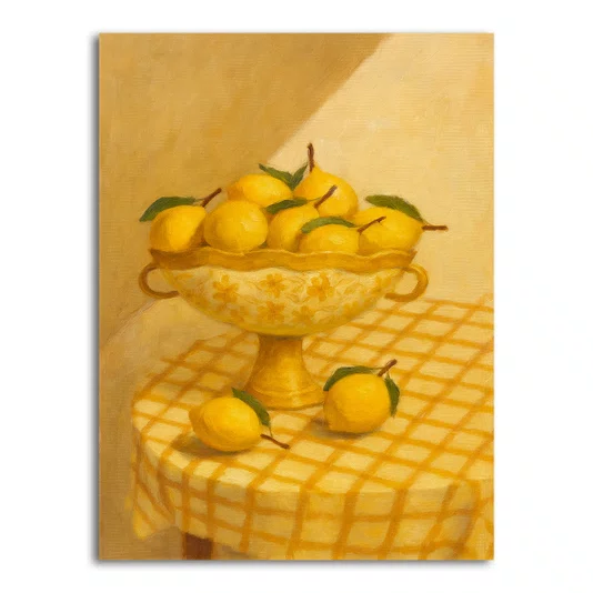 Placa Decorativa Estilo Pintura Mid Century Composição de Cesta de Frutas em Cores Quentes sobre Toalha Xadrez Verde e