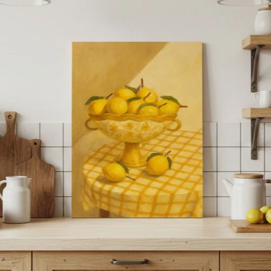 Placa Decorativa Estilo Pintura Mid Century Composição de Cesta de Frutas em Cores Quentes sobre Toalha Xadrez Verde e