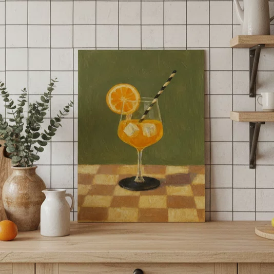 Placa Decorativa Estilo Pintura Mid Century Composição de Coquetel Spritz Guarnecido sobre Toalha Xadrez