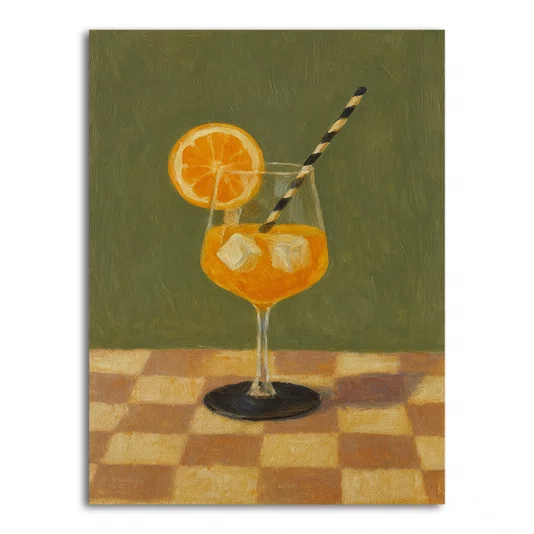 Placa Decorativa Estilo Pintura Mid Century Composição de Coquetel Spritz Guarnecido sobre Toalha Xadrez
