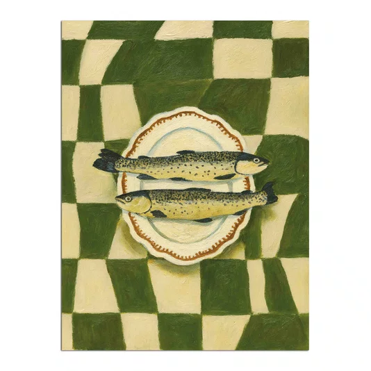 Placa Decorativa Estilo Pintura Mid Century Composição de de Peixes no Prato Oval em Fundo com Padrão Xadrez Verde