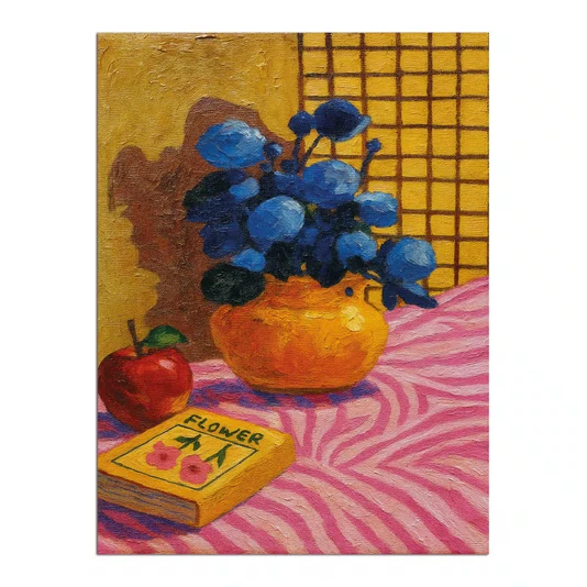 Placa Decorativa Estilo Pintura Mid Century Composição de Flores Azuis e Maçã, com Vaso em Laranja Quente e Fundo Quadr
