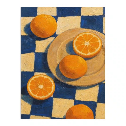 Placa Decorativa Estilo Pintura Mid Century Composição de Laranjas no Prato e sobre o Fundo Xadrez Azul