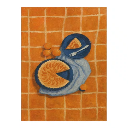 Placa Decorativa Estilo Pintura Mid Century Composição de Torta e Frutas em Pratos Azuis sobre Fundo Xadrez Laranja